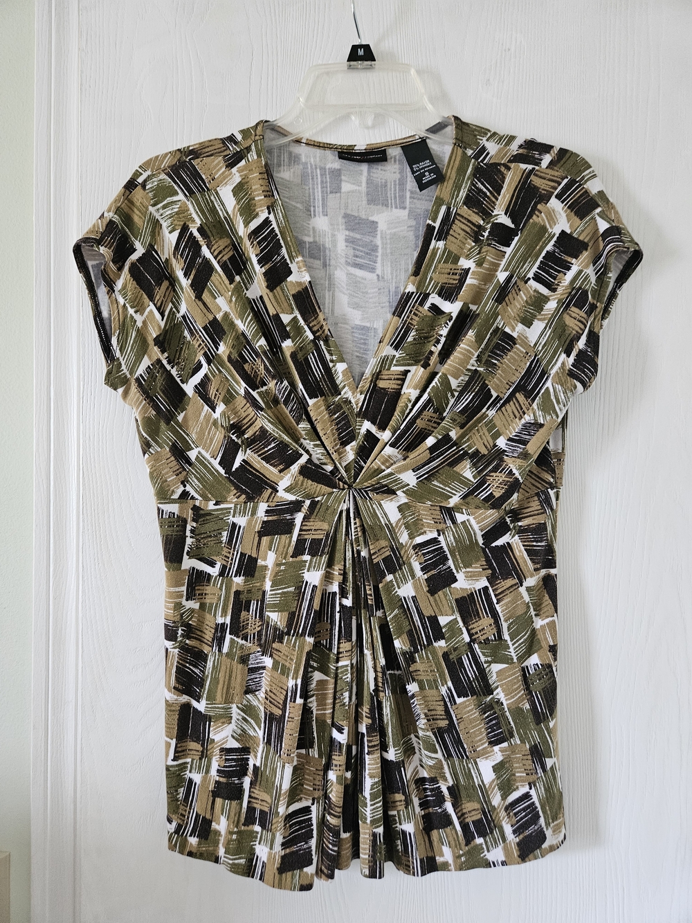 New York & Company Olive, Black and Tan Twist-Front V-Neck Tunic